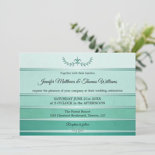Silver Green Striped Tone on Tone Wedding Invitation (Standing Front)