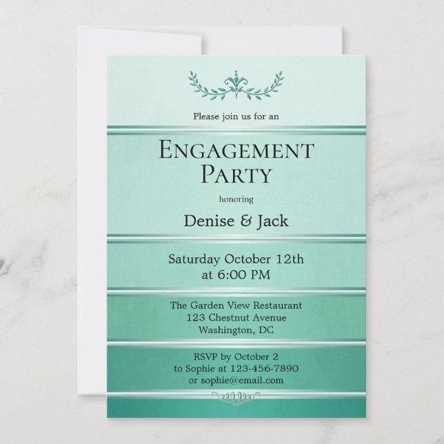 Silver Green Ton sur Ton Striped Engagement Party Invitation (Front)