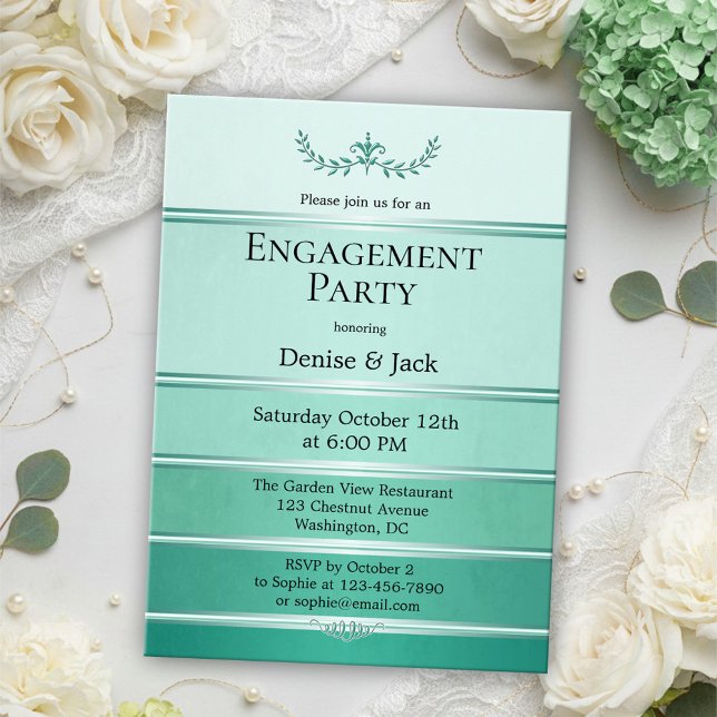 Silver Green Ton sur Ton Striped Engagement Party Invitation (Engagement party invitation featuring painted green tone on tone stripes with a silver lining)