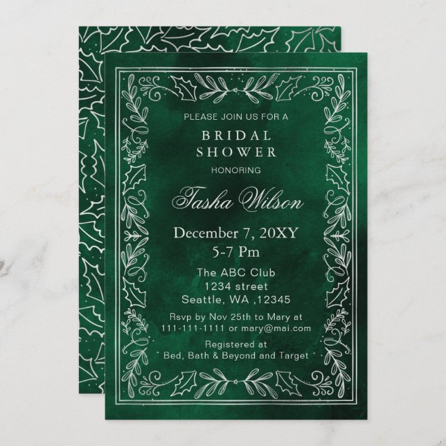 Silver Green Winter Foliage Holiday Bridal Shower Invitation (Front/Back)