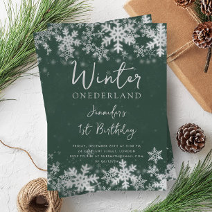 Silver Green Winter ONEDERLAND 1st Birthday Invitation