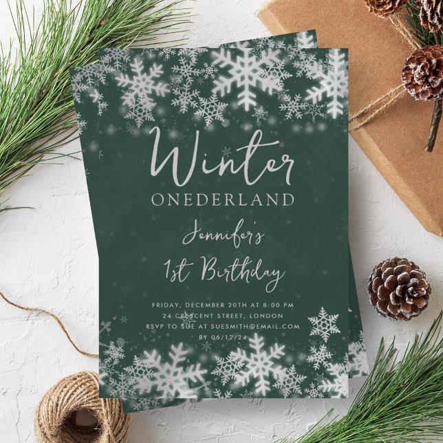 Silver Green Winter ONEDERLAND 1st Birthday Invitation (Silver Green Winter ONEDERLAND 1st Birthday Invitation)