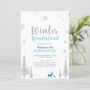 Silver & Green Winter Wonderland Boy Birthday Invitation