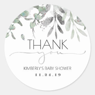 Silver Greenery Baby Shower Classic Round Sticker