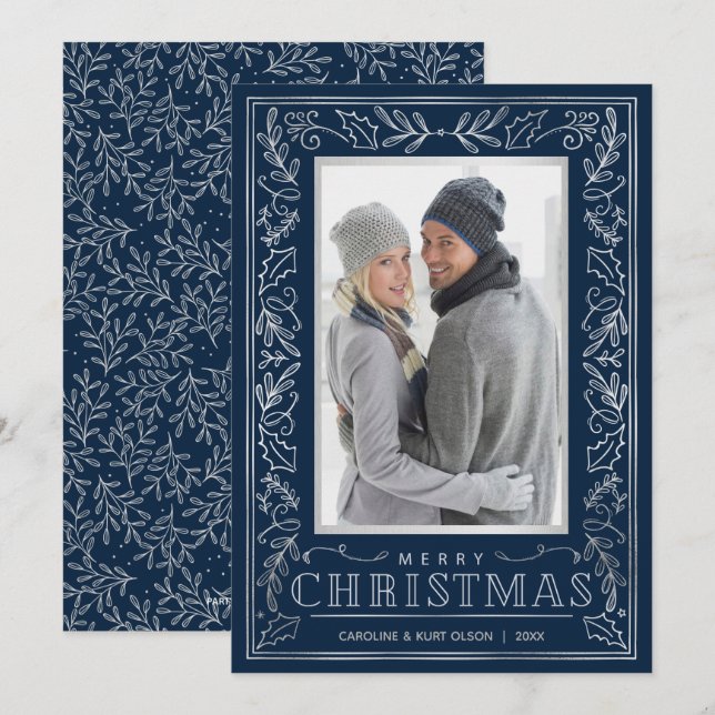 Silver Greenery Christmas Photo Holiday Card (Front/Back)