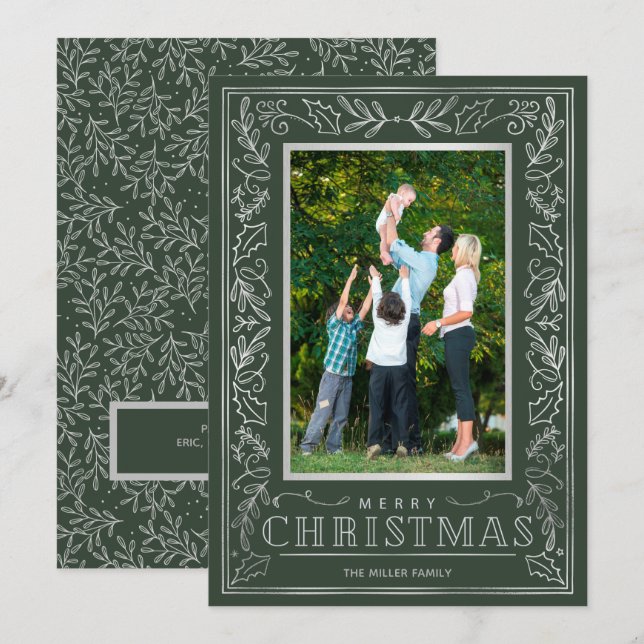 Silver Greenery Christmas Photo Holiday Card (Front/Back)