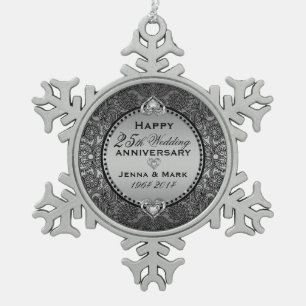 Silver Grey 25th Wedding Anniversary Snowflake Pewter Christmas Ornament