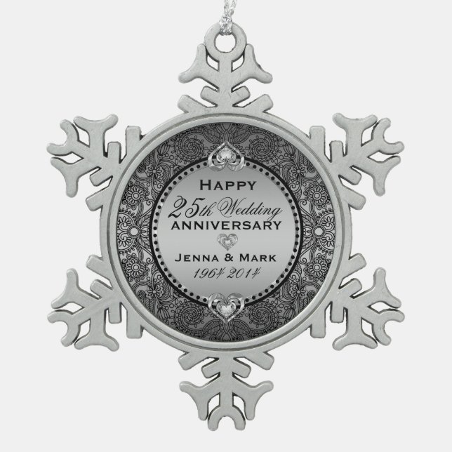 Silver Grey 25th Wedding Anniversary Snowflake Pewter Christmas Ornament (Front)