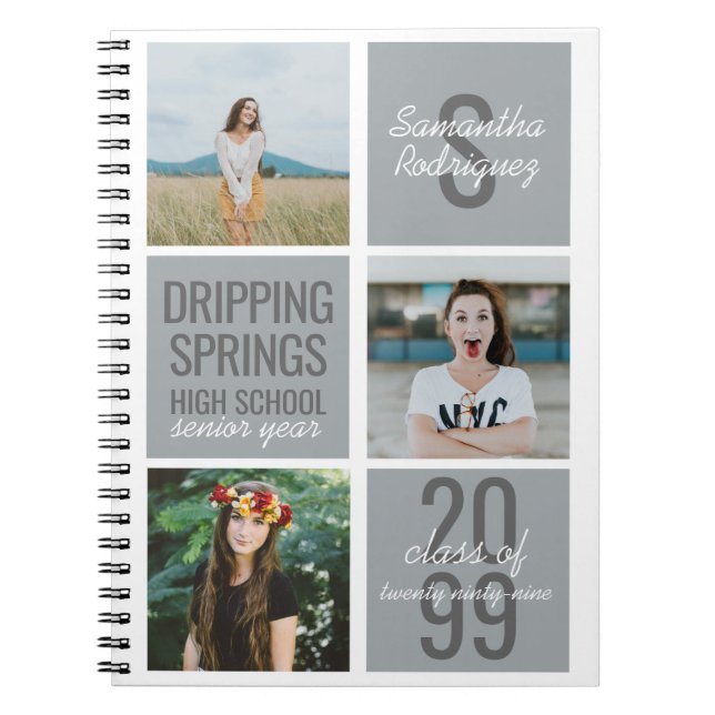 Silver Grey 3-Photo Fun Boxes Class Year Notebook (Front)