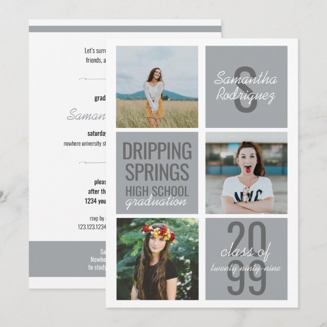 Silver Grey 3-Photo Fun Boxes Graduation Invitation (Front/Back)