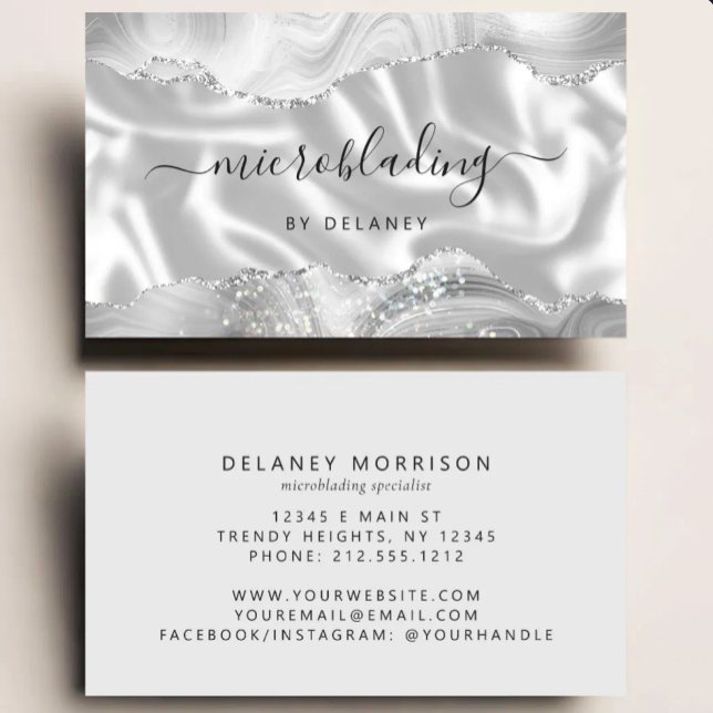 Silver Grey Agate Glitter Luxury Microblading Business Card (Creator Uploaded)