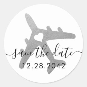 Silver Grey AirplaneTravel Theme Save the Date Classic Round Sticker