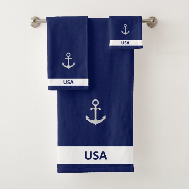Silver Grey Anchor on Navy Blue & White Bath Towel Set (Insitu)