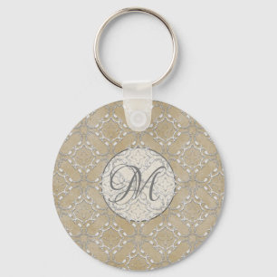 Silver Grey and Beige Metallic Filagree Pattern Key Ring