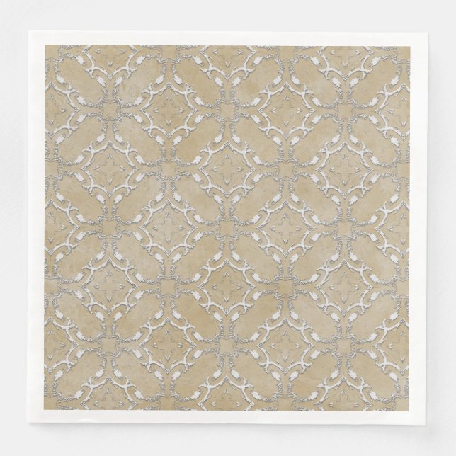 Silver Grey and Beige Metallic Filagree Pattern Napkin (Front)