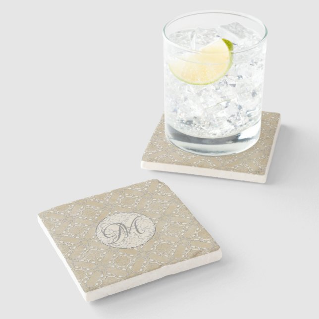 Silver Grey and Beige Metallic Filagree Pattern Stone Coaster (Side)