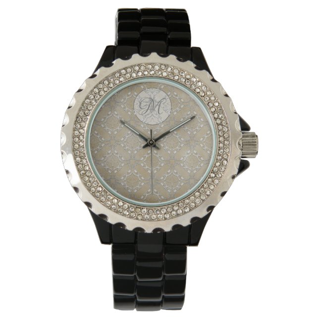 Silver Grey and Beige Metallic Filagree Pattern Watch (Front)