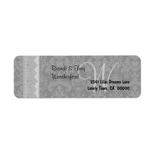 Silver Grey and Black Damask Monogram Wedding V019 Return Address Label