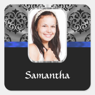 Silver grey and black damask square sticker