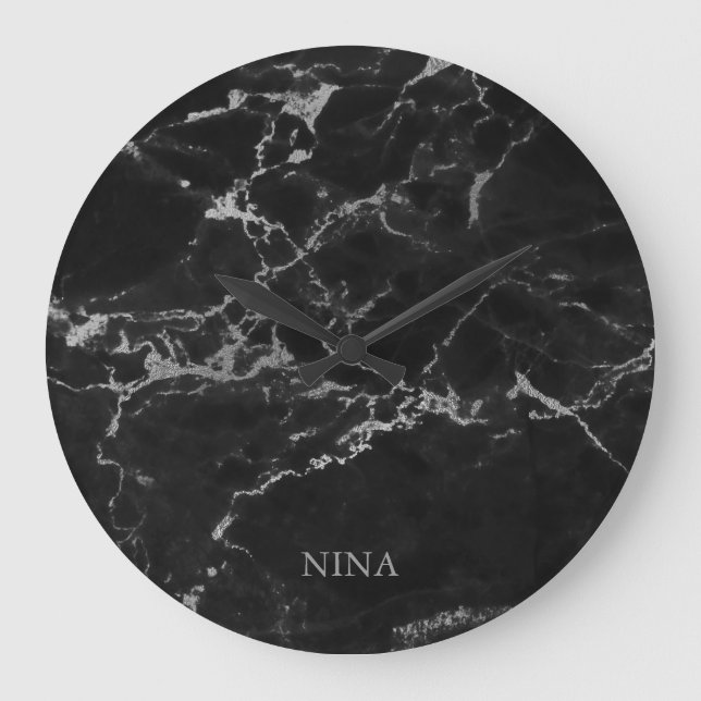 Silver Grey And Black Marble Stone Large Clock (Front)