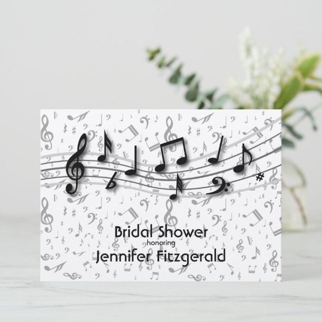 Silver Grey and black music Notes Bridal Shower Invitation (Standing Front)