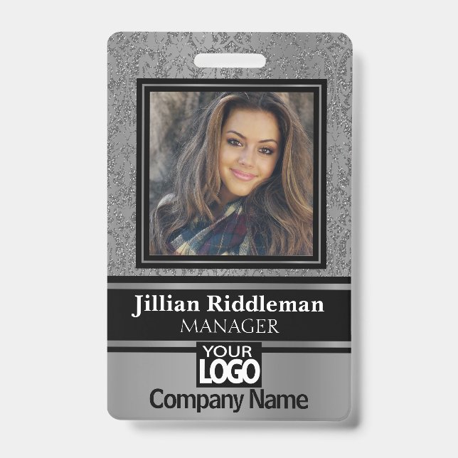 Silver Grey and Black Photo and Logo Badge ID Badge (Front)