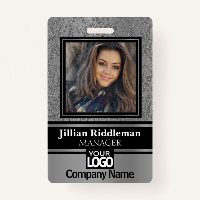 Silver Grey and Black Photo and Logo Badge ID Badge (Front)