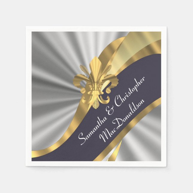 Silver grey and gold fleur de lys napkin (Front)