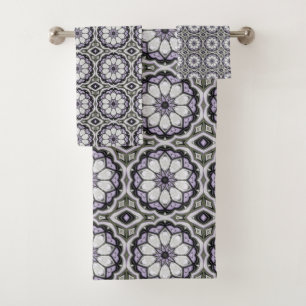 Silver Grey and Lilac Floral Pattern Bath Towel Set