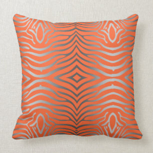 Silver Grey And Orange Zebra Stripes Cushion