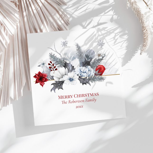 Silver Grey and Red Merry Christmas Napkin (Silver Grey and Red Merry Christmas Napkins on a sunny white table.)