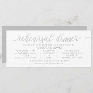 silver grey and white Calligraphy Rehearsal Dinner Invitation
