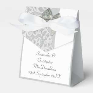 Silver grey and white damask lace wedding favour box