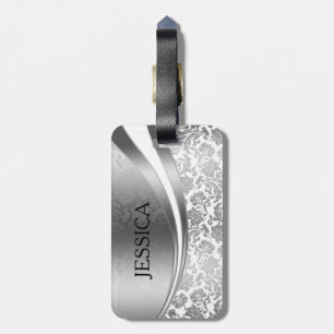 Silver Grey And White Damasks & Stripes Luggage Tag