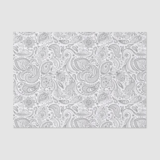 Silver Grey And White Floral Paisley Pattern Tissue Paper (Front)