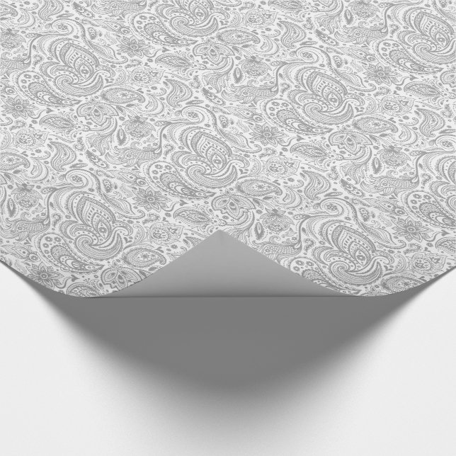 Silver Grey And White Floral Paisley Pattern Wrapping Paper (Corner)