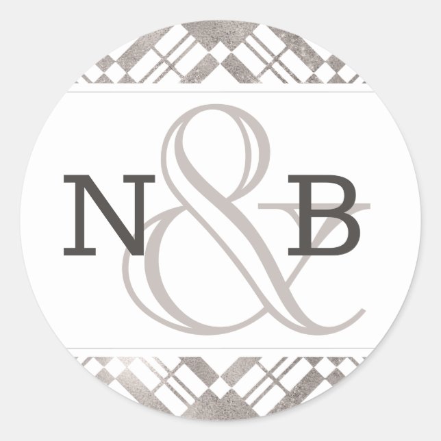 Silver Grey & Any Colour Paid  Monogram Wedding Classic Round Sticker (Front)