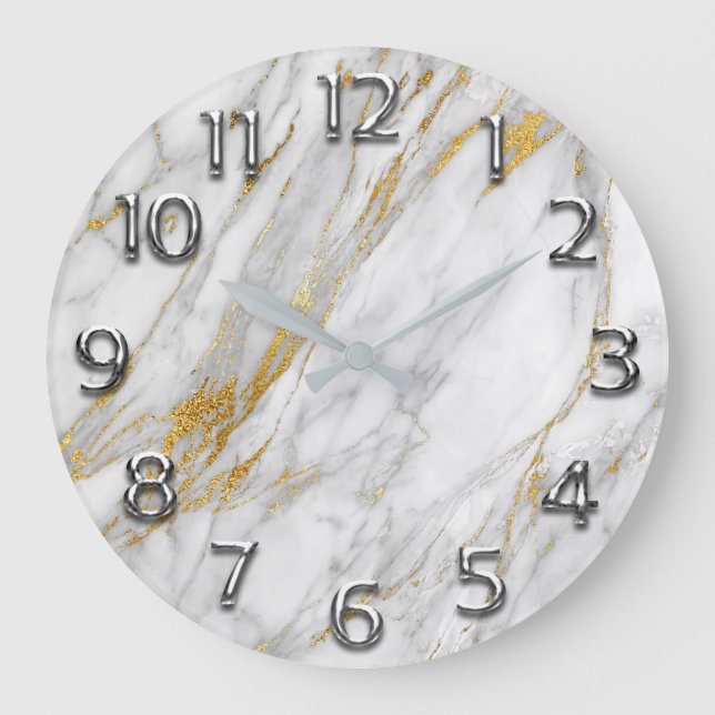 Silver Grey Arabic Numbers Gold Carrara Marble Large Clock (Front)