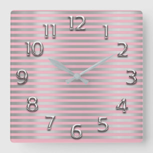 Silver Grey Arabic Numbers Rose Pink Grey Stripes Square Wall Clock