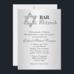 Silver grey bar mitzvah celebrations invitation<br><div class="desc">A FAUX silver Star of David is set against a silvery grey background on which white text templates rest. SIZE - 5x7" flat invitation. CUSTOMIZE IT - Change the wording to suit your special occasion and adapt it to suit any function, gathering or event with the colour green as a...</div>