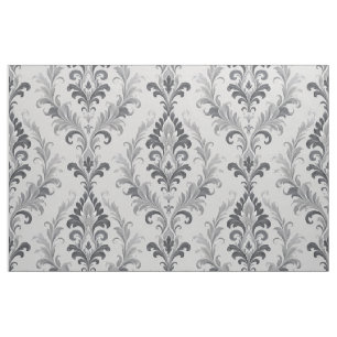 Silver Grey Baroque Damask Floral Pattern Fabric