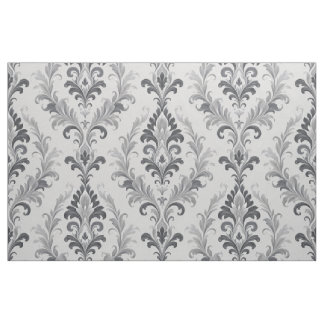 Silver Grey Baroque Damask Floral Pattern Fabric