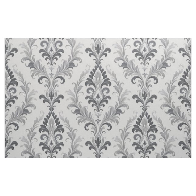 Silver Grey Baroque Damask Floral Pattern Fabric (Yard)