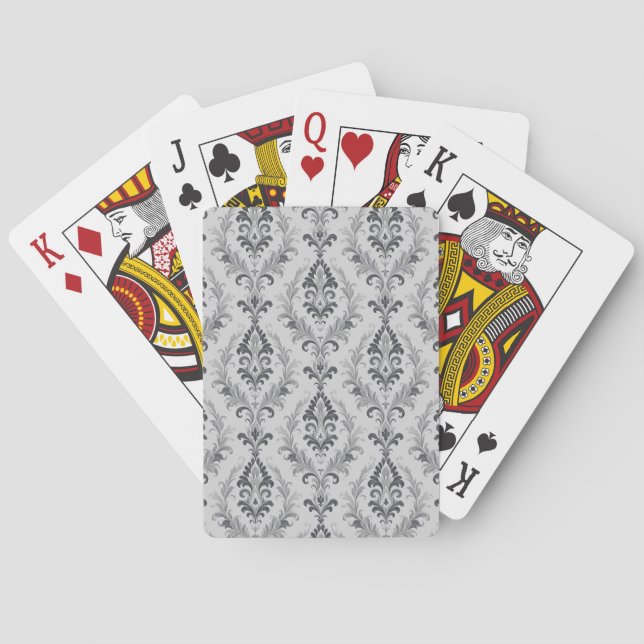 Silver Grey Baroque Damask Floral Pattern Playing Cards (Back)