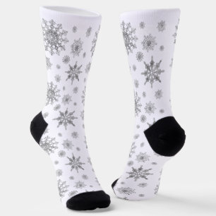 Silver Grey Beautiful Winter Snowflakes Pattern Socks