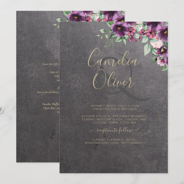 Silver Grey Berry Floral Wedding Winter Fall Invitation (Front/Back)