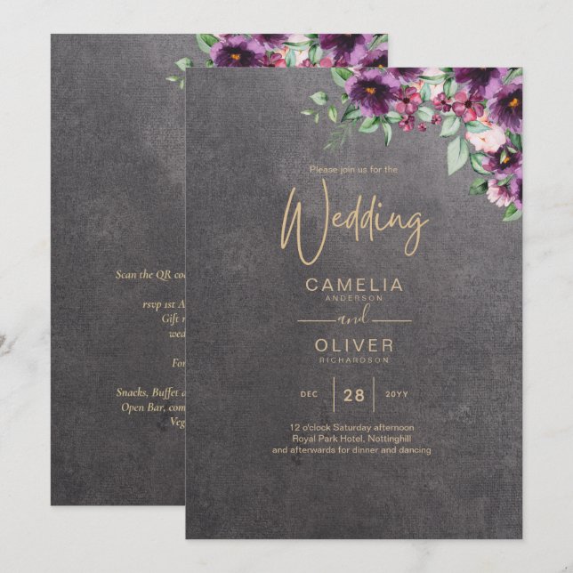 Silver Grey Berry Floral Wedding Winter Fall Invitation (Front/Back)