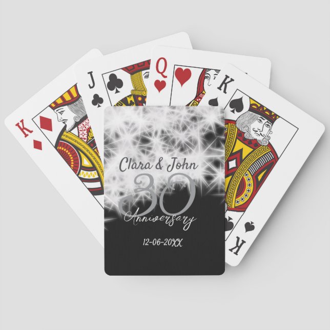 Silver grey black 30th wedding anniversary glitter playing cards (Back)