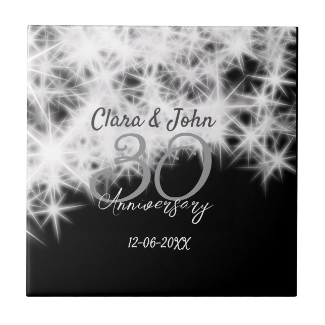 Silver grey black 30th wedding anniversary glitter tile (Front)