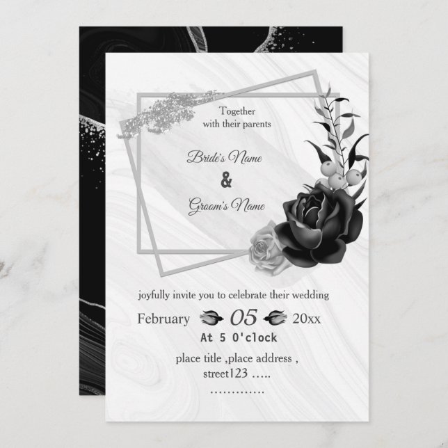 silver grey & black botanical geometric wedding invitation (Front/Back)